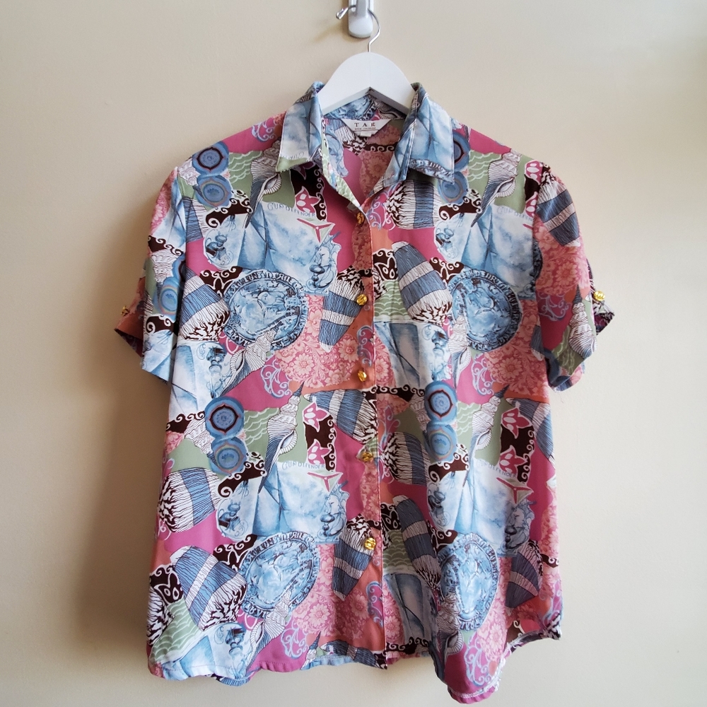 Vintage short sleeve shirt with gorgeous patern, Large Size